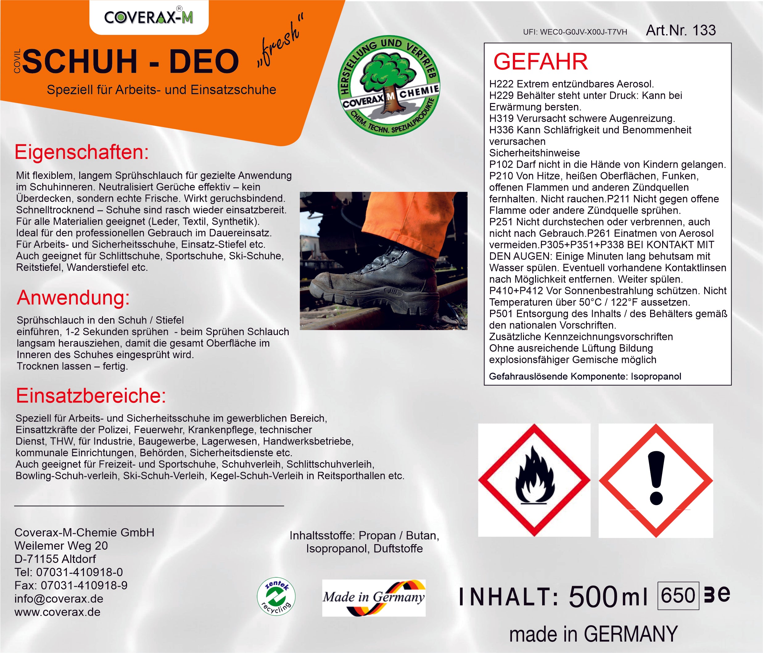 SCHUH-DEO, Aerosol 500ml, Geruchsvernichter für Schuhe