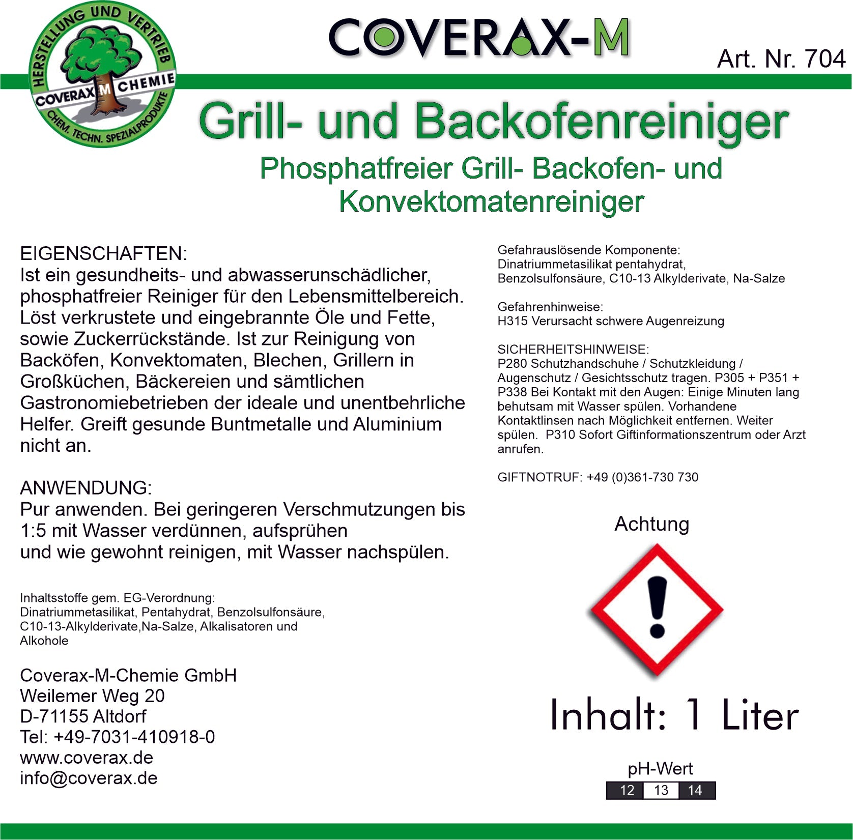 Art. Nr. 704 - Grill- und Backofenreiniger 1 Liter anwendungsfertig inkl. Sprüher