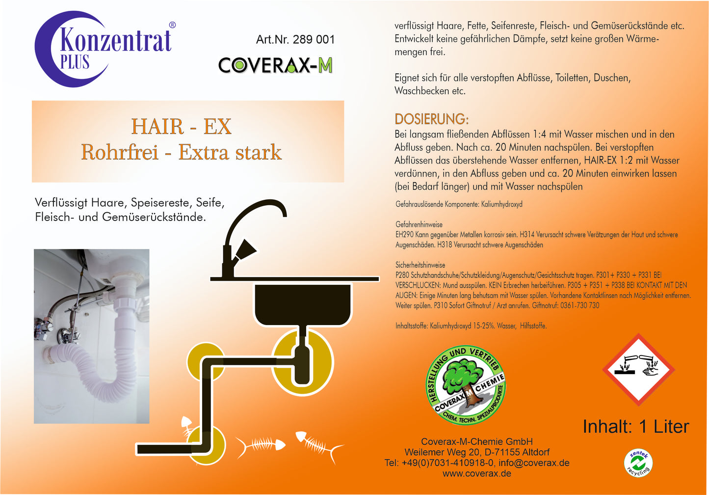 Hair-Ex pipe and drain cleaner, 1 liter