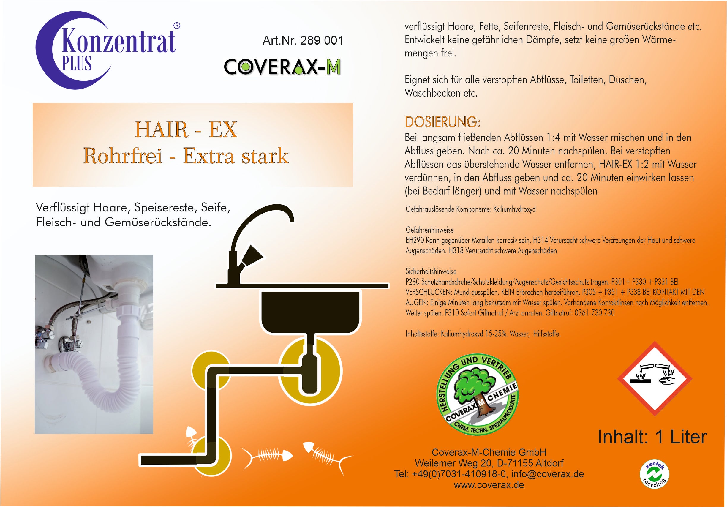 Hair-Ex Rohr- und Abflussreiniger | Konzentrat, 1l | Art. Nr. 289