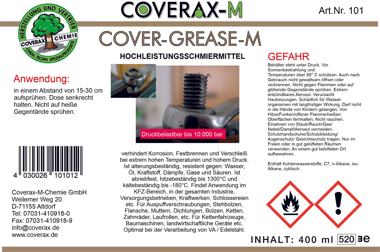 Cover-Grease-M, Hochtemperatur-Schmiermittel, Aerosol 400ml.