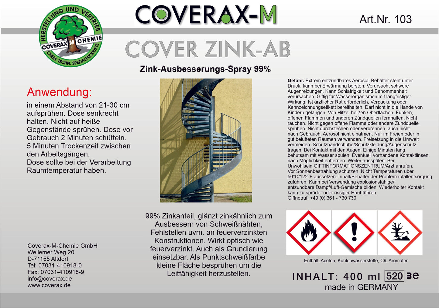 Cover Zink AB, Zink-Ausbesserungsspray, 400ml Aerosol