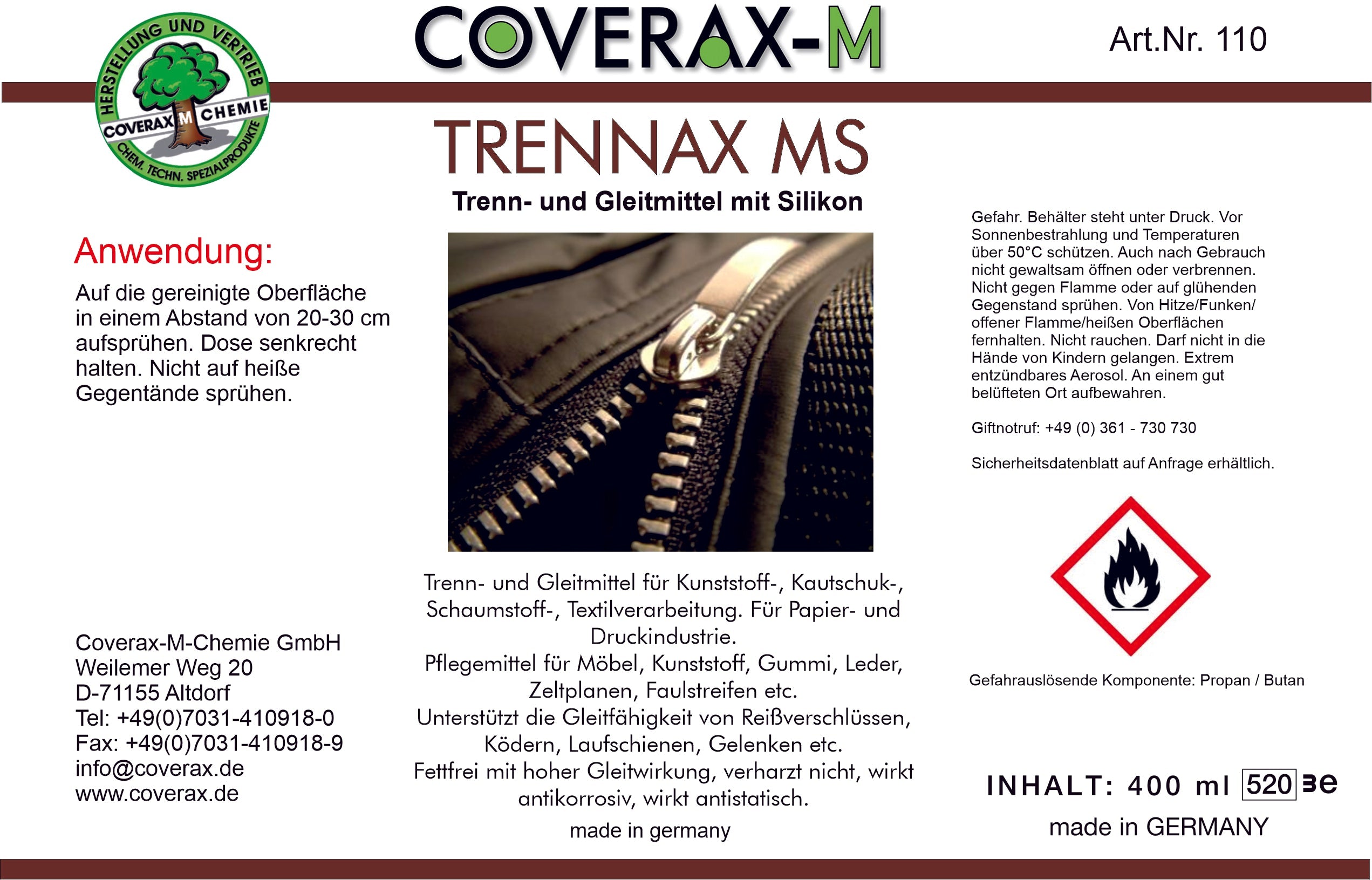 Art. Nr. 110 - Trennax MS, Trennmittel mit Silikon, 400ml Aerosol