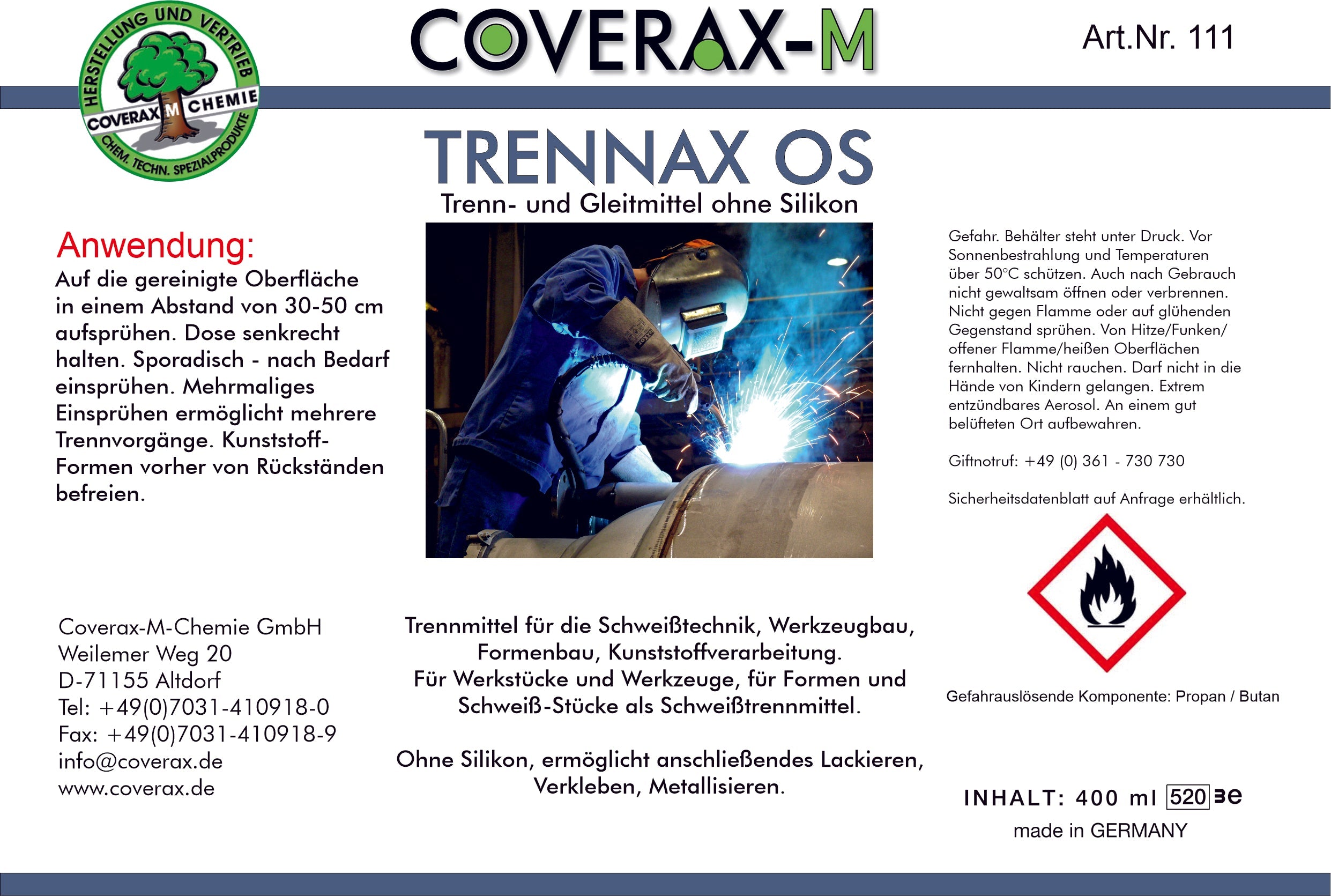 Art. Nr. 111 - Trennax OS Trennmittel ohne Silikon, Schweiß-trennmittel, 400ml Aerosol