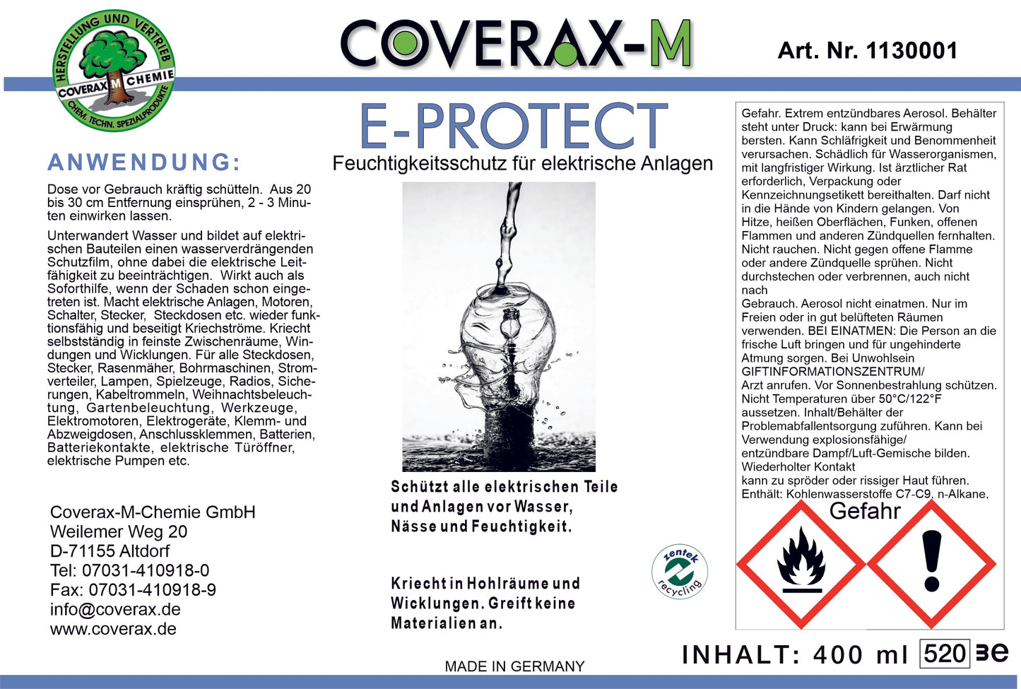 E-Protect Feuchtigkeitsschutz für elektrische Anlagen 400ml Aerosol