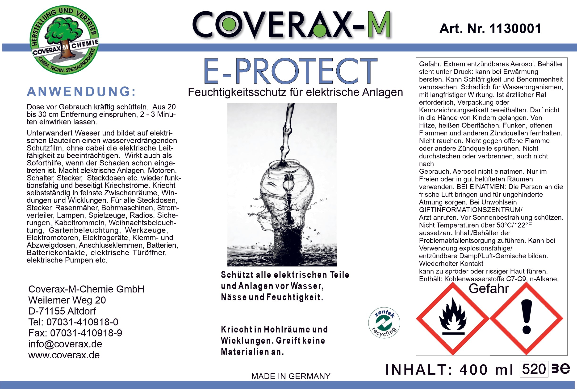 Art. Nr. 113 - E-Protect Feuchtigkeitsschutz für elektrische Anlagen 400ml Aerosol