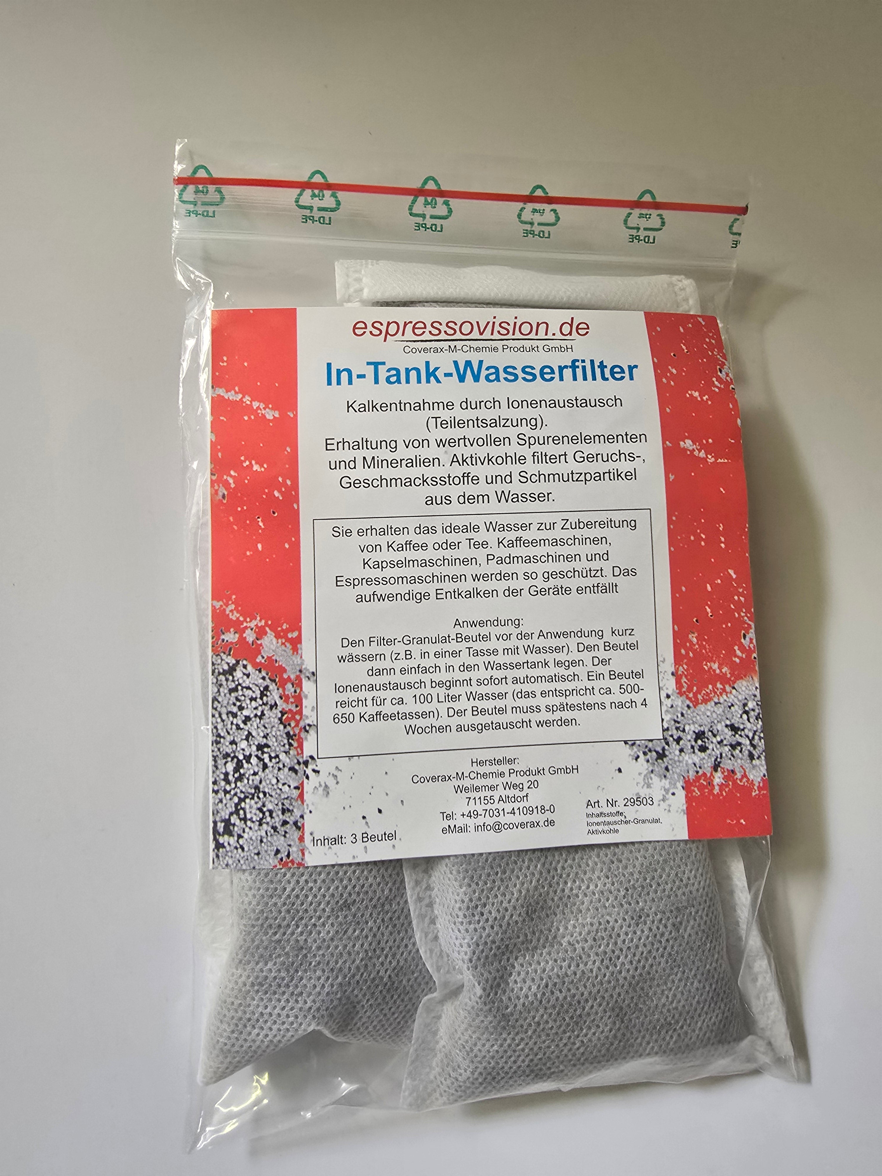Intank-Filter für Kaffeemaschinen, Entionisierungsgranulat, Entkalkungs-Granulat mit Aktivkohle, 3 Stück im Beutel