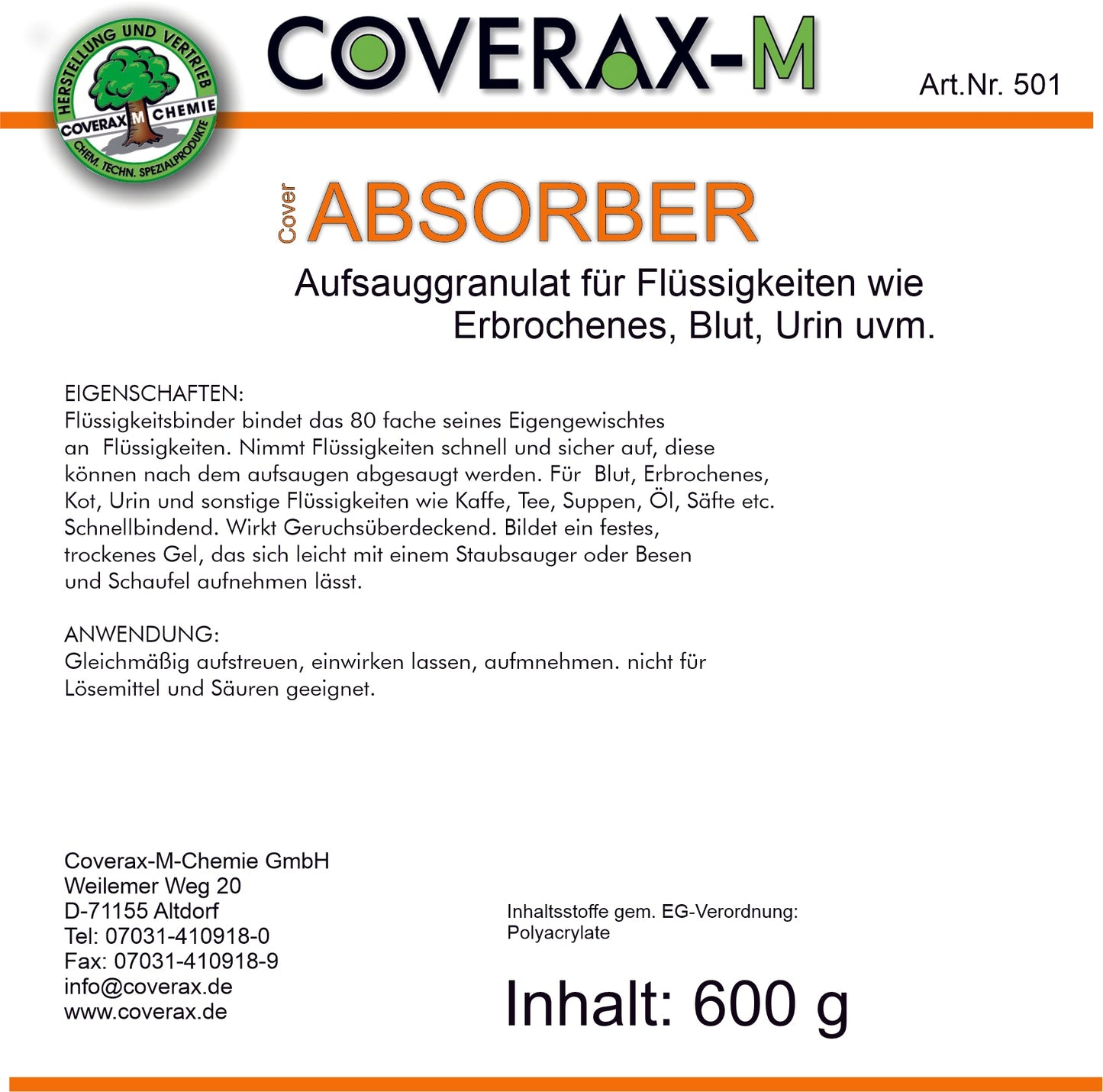 Art. Nr. 501 - Absorber Granulat für Erbrochenes etc. Flasche á 700g