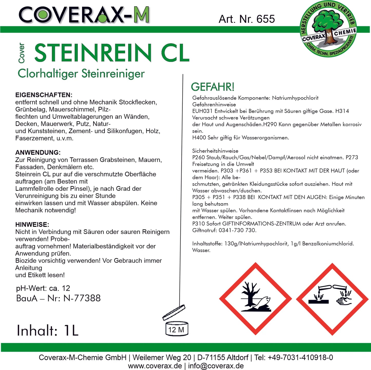 Steinrein CL – Extra starker Chlor-Steinreiniger (1 Liter)