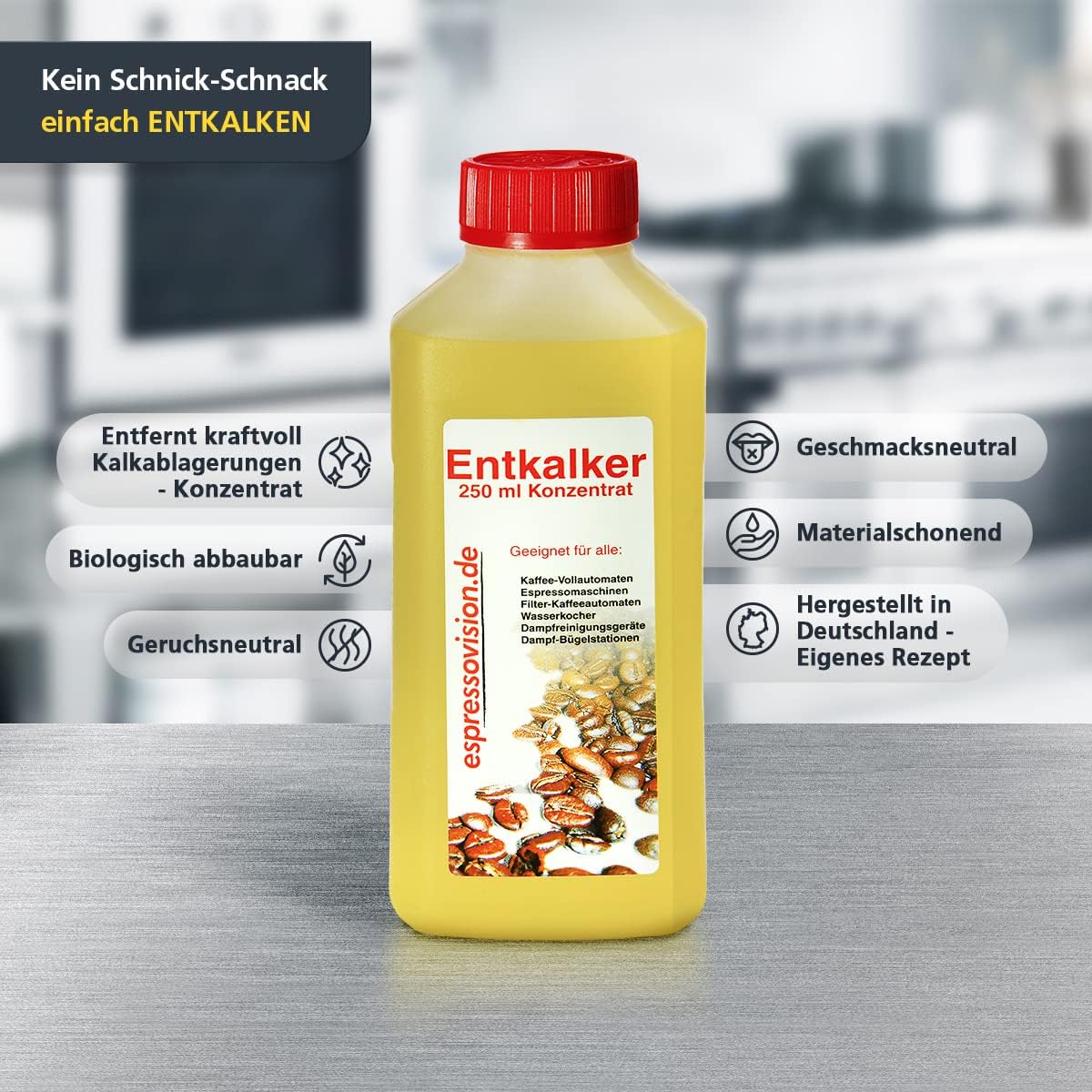 Entkalker Einzelflasche – ideal für den gelegentlichen Einsatz im Haushalt. Kalkentferner für Kaffeemaschine, Wasserkocher & Bad. Entkalker kaufen für starke Kalklösung im Alltag