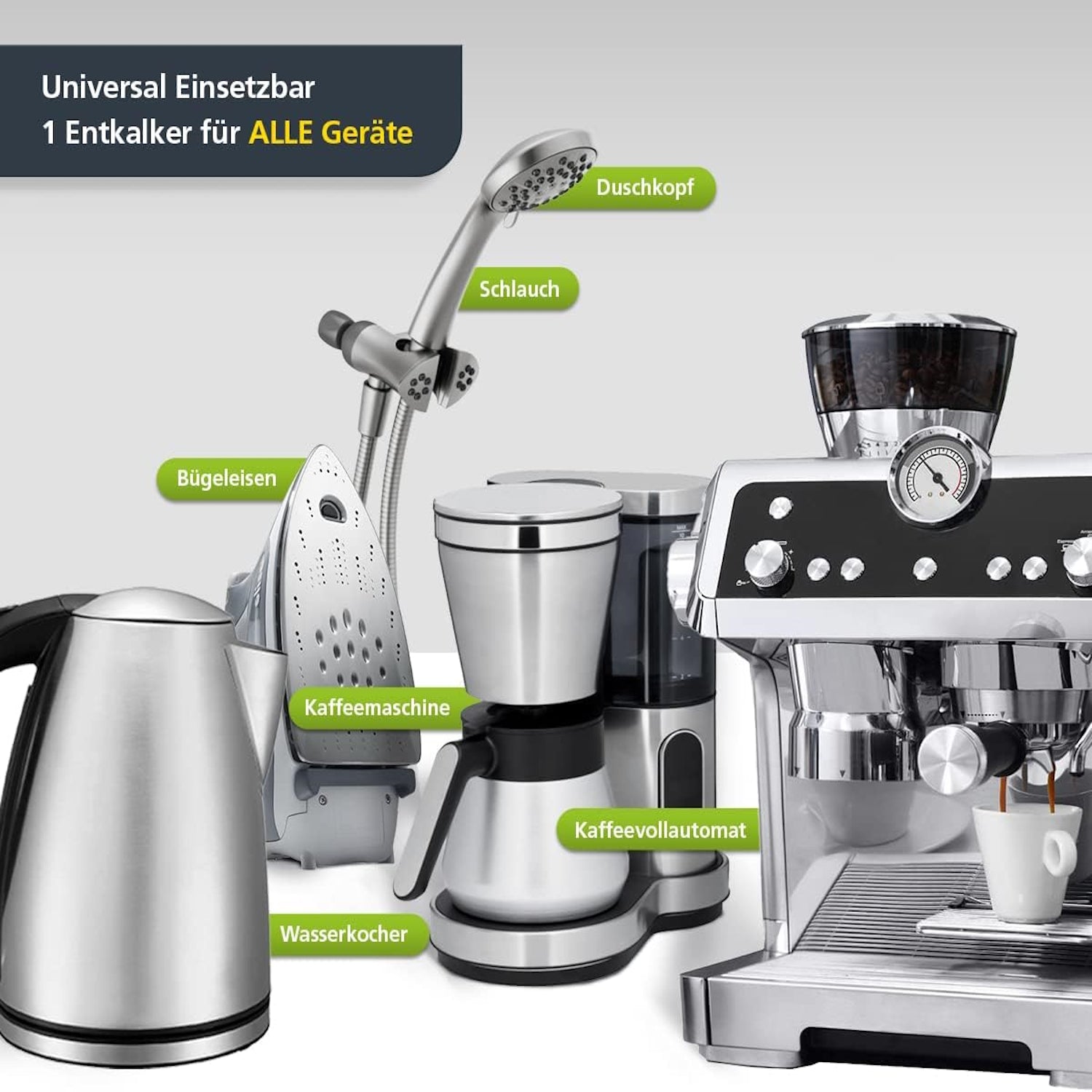 Espressovision Universal Entkalker Konzentrat – Kaffeegenuss – Universell einsetzbar für alle Haushaltsgeräte wie Wasserkocher, Kaffeemaschine, Kaffeevollautomat, Bügeleisen sowie Duschkopf und Schlauch