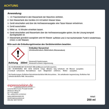 Espressovision Universal Entkalker Konzentrat 250ml – Kaffeegenuss – Transparente Kennzeichnung aller Inhaltsstoffe wie Amidosulfonsäure und Sicherheitsdaten