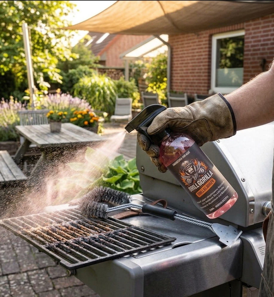 GrillGorilla Grillreiniger 500ml – Grillreiniger – Anwendung des GrillGorilla Grillreinigers: Eine Person mit Schutzhandschuh sprüht den Reiniger auf einen verschmutzten Grillrost im Garten.