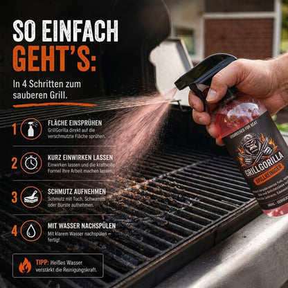 GrillGorilla Grillreiniger 500ml – Grillreiniger – Einfache Anwendung in 4 Schritten zum schnellen Lösen von hartnäckigem Schmutz auf dem Grillrost