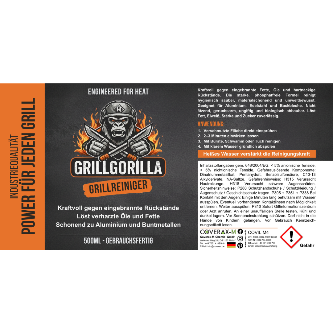 Vollständiges Flaschenetikett des GrillGorilla Grillreinigers. Zeigt das Logo mit Gorilla-Motiv, die 4-Schritte-Anwendung, Inhaltsstoffangaben (unter 5% anionische Tenside), Sicherheitssymbole sowie Kontaktinfos zur Coverax-M-Chemie GmbH in Altdorf.