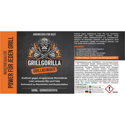 Vollständiges Flaschenetikett des GrillGorilla Grillreinigers. Zeigt das Logo mit Gorilla-Motiv, die 4-Schritte-Anwendung, Inhaltsstoffangaben (unter 5% anionische Tenside), Sicherheitssymbole sowie Kontaktinfos zur Coverax-M-Chemie GmbH in Altdorf.