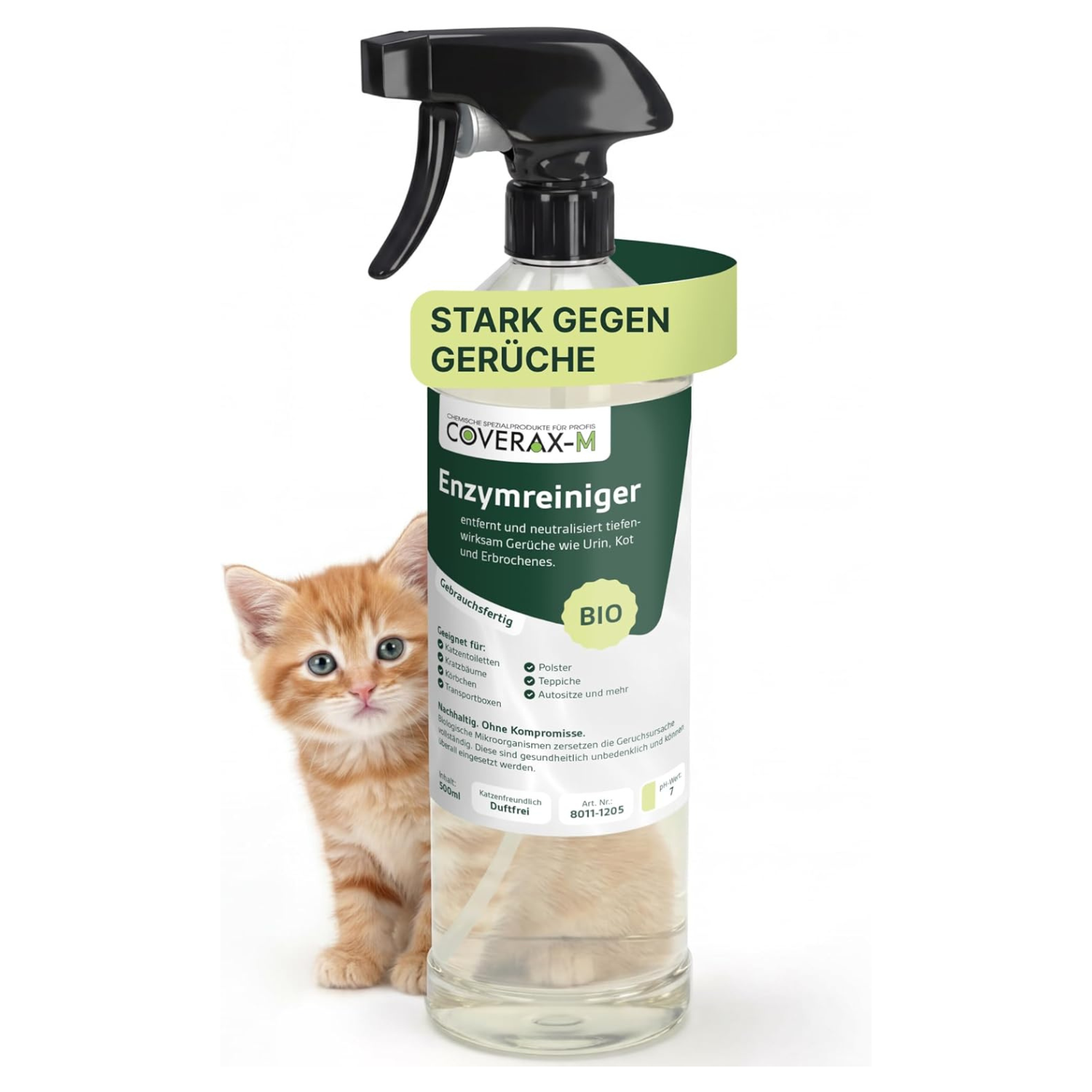 Coverax Enzymreiniger Katze – Geruchsentferner – Das Bild zeigt den Enzymreiniger in der praktischen 1-Liter-Flasche. Das Produkt beseitigt Katzengerüche wie Katzenurin, Kot und Erbrochenes direkt an der Ursache. Durch die 1-Liter-Flasche sind bis zu 1000 Sprühstöße möglich.