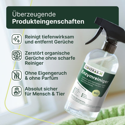 Coverax Enzymreiniger Katze – Geruchsentferner – Diese Infografik zeigt die Produkteigenschaften des Enzymreinigers gegen Katzenurin: Er reinigt tiefenwirksam und entfernt Gerüche dauerhaft. Zudem zerstört er organische Gerüche ohne scharfe Reiniger, ist komplett ohne Eigengeruch oder Parfüm und absolut sicher für Mensch und Tier.