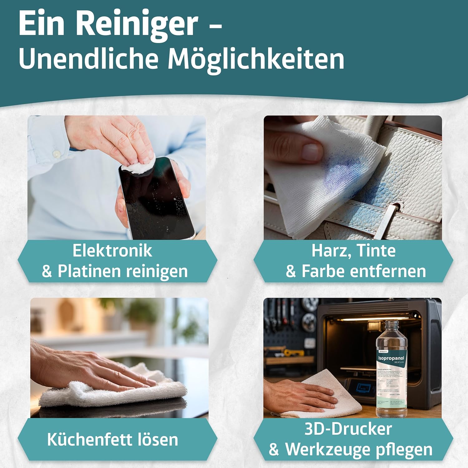 Coverax Isopropanol 99,9% 1 Liter – Isopropanol – Infografik zeigt unendliche Möglichkeiten der Anwendung wie das Reinigen von Elektronik und Platinen, das Entfernen von Harz, Tinte und Farbe, das Lösen von Küchenfett sowie die Pflege von 3D-Druckern und Werkzeugen.