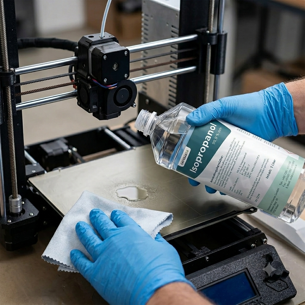 Coverax Isopropanol 99,9% 1 Liter – Isopropanol –  Produktbild zeigt die Anwendung als universeller Problemlöser beim Reinigen eines Druckbetts vom 3D-Drucker mit Vorteilen wie sofortiger Einsatzbereitschaft gegen hartnäckige Klebereste, Harze und Tintenflecke auf Werkzeug oder Oberflächen, schnellem Verfliegen und geruchsfreiem Trocknen.
