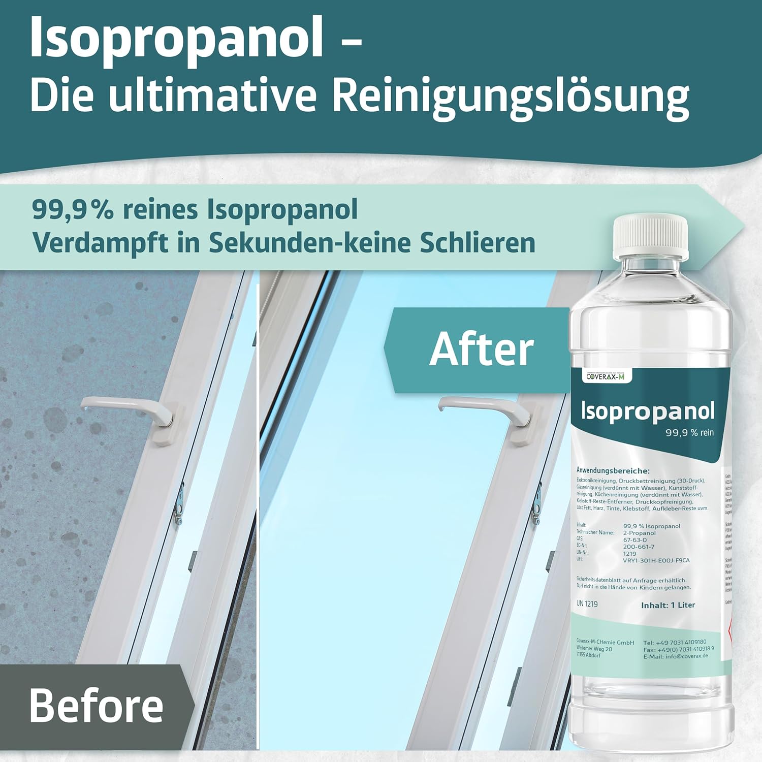 Coverax Isopropanol 99,9% 1 Liter – Isopropanol – Infografik zeigt den Vorher-Nachher-Vergleich einer Glasreinigung am Fenster, bei der das 99,9% reine Isopropanol in Sekunden komplett rückstandsfrei verdampft und keine Schlieren hinterlässt.
