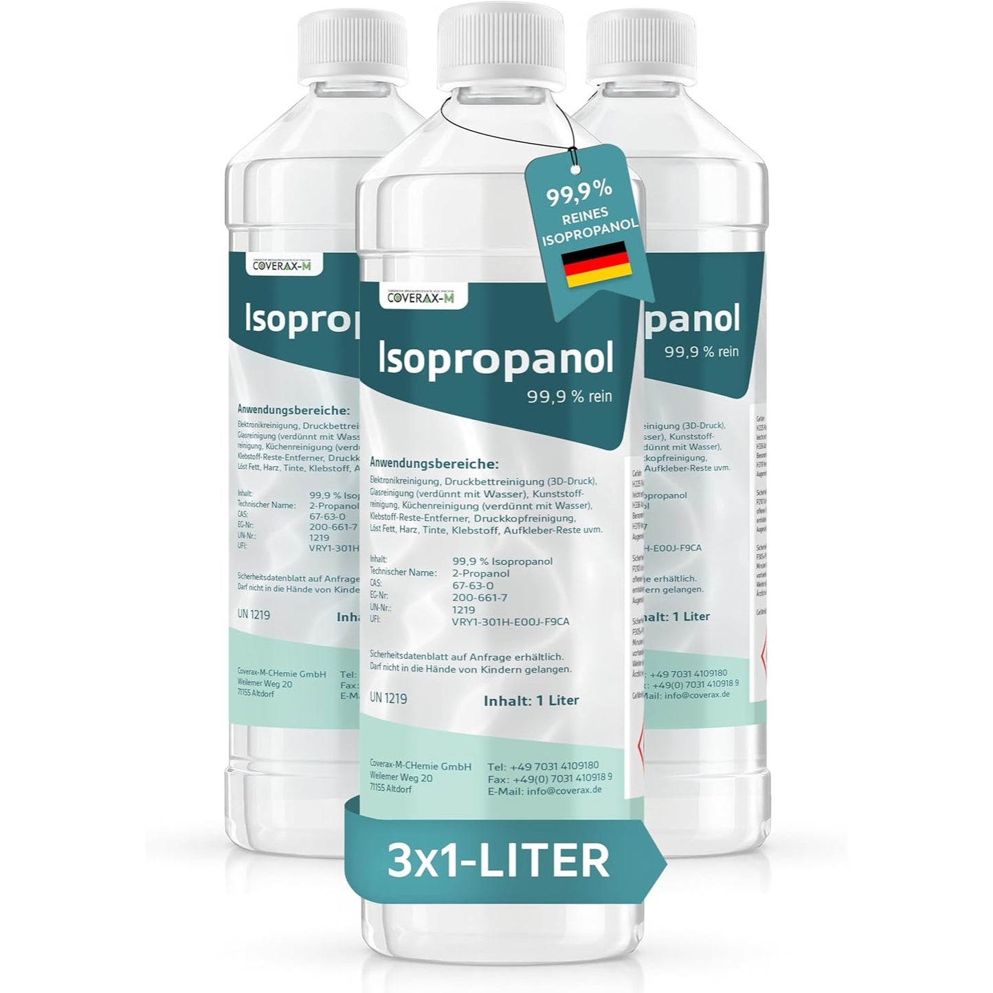 Coverax Isopropanol 99,9% 1 Liter – Isopropanol – Produktfoto des 3x1-Liter-Vorratsbündels zeigt drei Flaschen Isopropylalkohol mit einem "99,9% reines Isopropanol"-Hängeetikett inklusive Deutschlandflagge für höchste Qualität und eine langanhaltende Bevorratung bei Großprojekten.