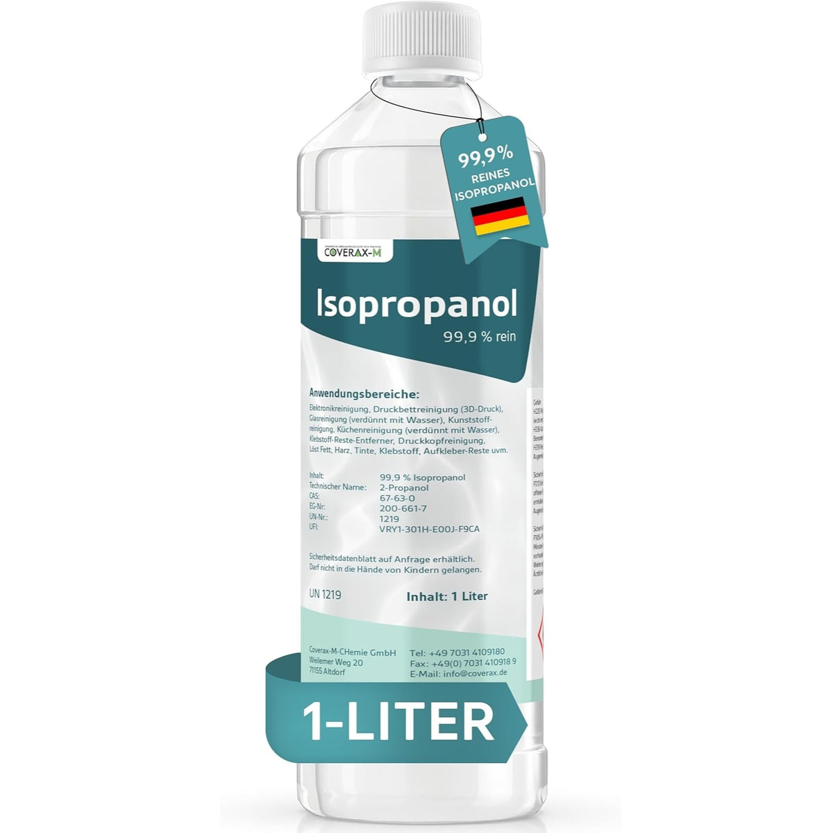 Coverax Isopropanol 99,9% 1 Liter – Isopropanol –  Höchste Reinheit verdampft komplett rückstandsfrei für empfindliche Elektronik und Platinen mit integriertem Spritzeinsatz für punktgenaues, sauberes Dosieren ohne Verschwendung.