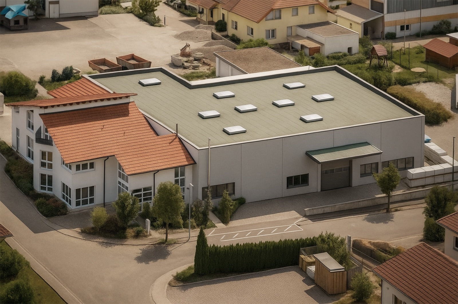 Firmensitz der Coverax-M-Chemie GmbH in 71155 Altdorf: Außenansicht der modernen Produktionshalle und des Bürogebäudes aus der Vogelperspektive.