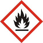 GHS02 Flamme – Gefahrensymbol – Offizielles GHS-Piktogramm. Zeigt eine schwarze Flamme, den roten Rautenrahmen, den weißen Hintergrund sowie die Kennzeichnung von entzündbaren Flüssigkeiten, Gasen, Aerosolen und selbsterhitzungsfähigen Stoffen.