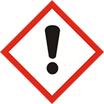 GHS07 Ausrufezeichen – Gefahrensymbol – Offizielles GHS-Piktogramm. Zeigt ein dickes schwarzes Ausrufezeichen, den roten Rautenrahmen, den weißen Hintergrund sowie die Kennzeichnung von gesundheitsschädlichen, haut- und augenreizenden Stoffen sowie Atemwegreizungen.