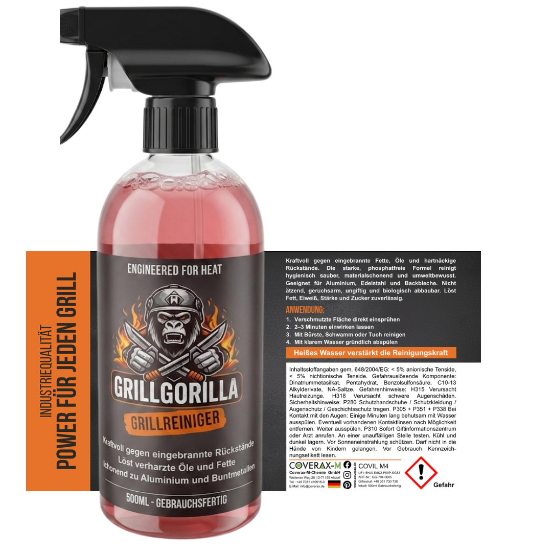 GrillGorilla Grillreiniger 500ml – Grillreiniger – Vollständiges Flaschenetikett des GrillGorilla Grillreinigers. Zeigt das Logo mit Gorilla-Motiv, die 4-Schritte-Anwendung, Inhaltsstoffangaben (unter 5% anionische Tenside), Sicherheitssymbole sowie Kontaktinfos zur Coverax-M-Chemie GmbH in Altdorf.