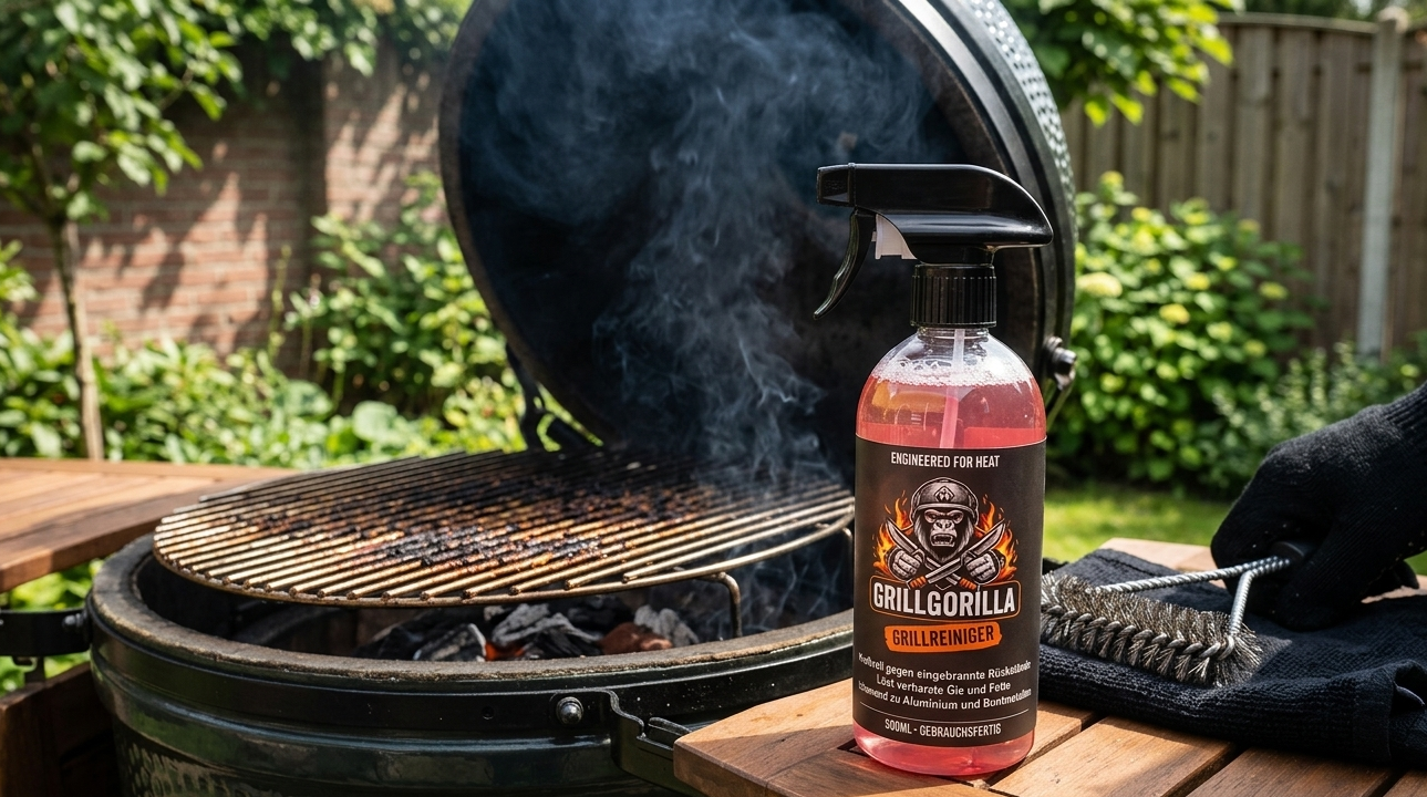 GrillGorilla Grillreiniger 500ml – Grillreiniger – Eine Sprühflasche GrillGorilla Grillreiniger steht auf einem Holzseitentisch neben einem rauchenden, schwarzen Kamado-Keramikgrill im Garten. Ein behandschuhter Griller hält eine Grillbürste bereit, um den verkrusteten Rost zu reinigen.