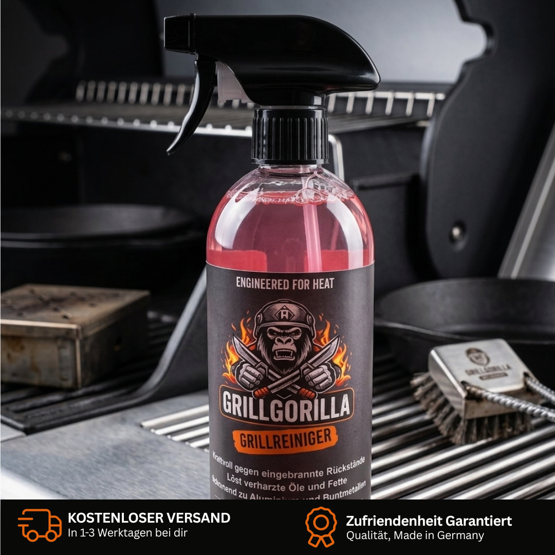 GrillGorilla Grillreiniger 500ml – Grillreiniger – Produktaufnahme des GrillGorilla Reinigers vor einem Grill. Ein schwarzer Banner am unteren Rand informiert über kostenlosen Versand (1-3 Werktage) und eine Zufriedenheitsgarantie für Qualität aus Deutschland.