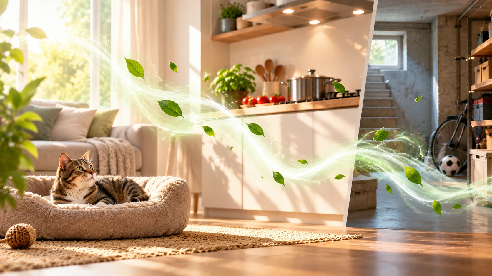 Geruchsentferner für Zuhause: frische Luft in Wohnzimmer mit Katze, Küche und Keller